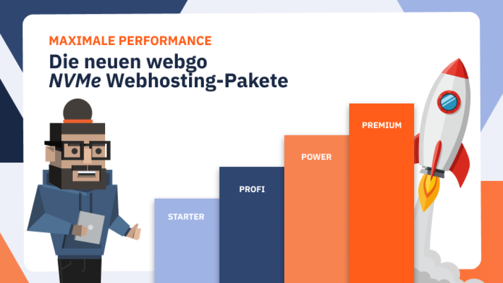 Illustration der neuen webgo NVMe Webhosting-Pakete mit vier ansteigenden Balken für die Tarife Starter, Profi, Power und Premium. Rechts hebt eine Rakete ab, links steht eine sympathische Pixel-Figur mit Tablet. Überschrift: ‚Maximale Performance – Die neuen webgo NVMe Webhosting-Pakete‘.
