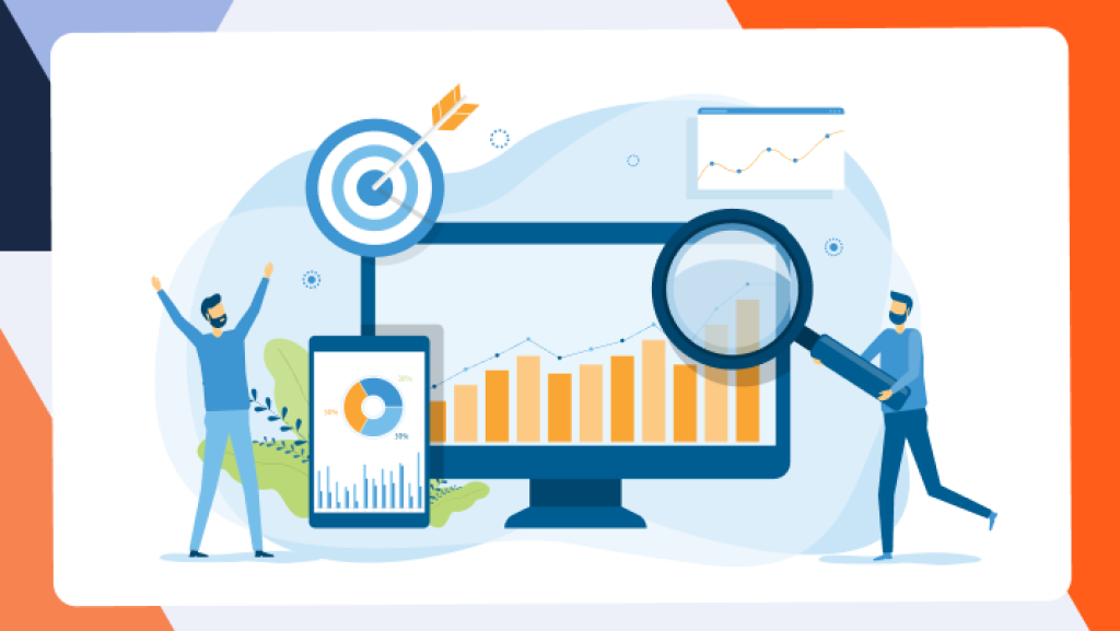Illustration zeigt zwei Personen mit Laptop und Smartphone vor Diagrammen, Zielscheibe mit Pfeil symbolisiert SEO-Erfolg bei Google-Suchergebnissen.