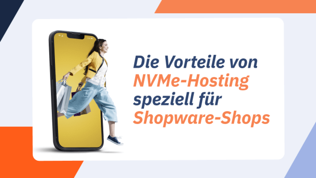 Artikelbild für einen Beitrag über den Vorteil von NVMe-Hosting von webgo speziell für Shopware-Shops. Auf dem Bild ist eine Frau zu sehen, welche symbolisch mit Einkaufstüten aus einem Smartphone springt. Drumherum dekorative Dreieck-Elemente in Orange und Blau, was für webgo steht.