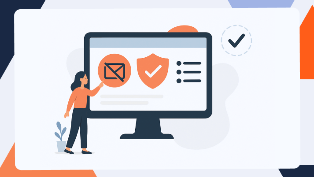 Flache Vektorillustration einer Frau, die auf einen Computerbildschirm zeigt. Auf dem Monitor sind Symbole für blockierte E-Mails, ein Schutzschild mit Haken und eine Liste dargestellt. Die Grafik visualisiert das Thema E-Mail-Blacklist, Spam-Schutz und UCEPROTECT in modernem Flat-Design.