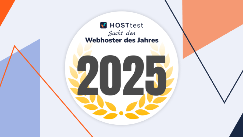 Logo zur HOSTtest-Aktion „Webhoster des Jahres 2025“ mit goldenem Lorbeerkranz. webgo nimmt teil und ruft Kundinnen und Kunden zur Stimmabgabe auf, um gemeinsam den Titel zu gewinnen.