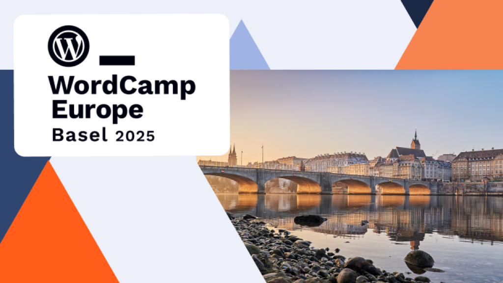WordCamp Europe Basel 2025 Logo neben einem Panorama der Basler Altstadt mit Rhein und Brücke bei Sonnenuntergang. Dazu Dreieck-Elemente in blau und orange als grafische Dekoration, was den Bezug zur webgo GmbH vorweist.