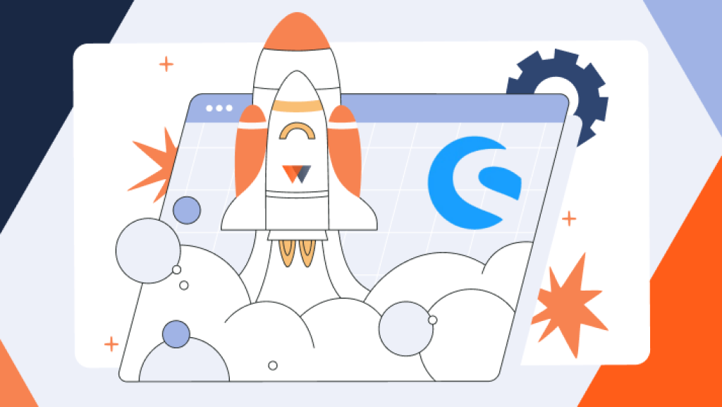 Eine stilisierte Rakete startet aus einer Wolke von Rauch vor einem Browserfenster. Im Browserfenster ist rechts ein blaues, stilisiertes 'S' zu sehen, das für Shopware steht. Im Hintergrund sind ein Zahnrad und orangefarbene Sterne als grafische Elemente dargestellt. Die Farbgebung ist überwiegend in Weiß, Blau, Orange und Grau gehalten.