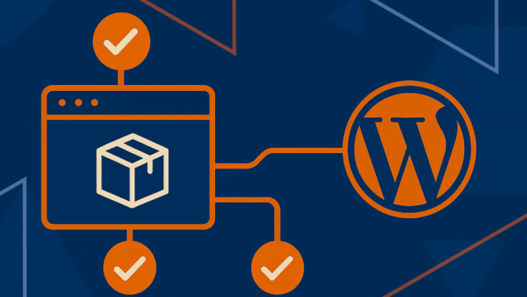 Grafik mit einem Paket-Symbol in einem Browserfenster, verbunden mit drei orangefarbenen Häkchen und dem WordPress-Logo, symbolisiert das neu angekündigte Fair Project mit Bezug zu WordPress.