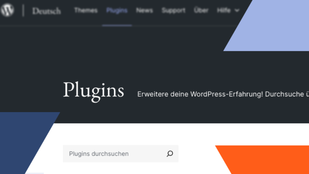 Ansicht des Plugin-Verzeichnisstartseite auf wordpress.org. Dazu Dreiecke in Blau und orange, welche dekorativ platziert sind und den Bezug zum webgo Blog vorzeigt.