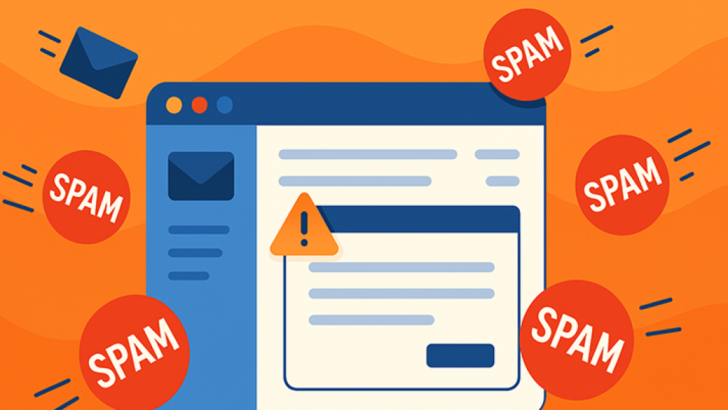 Illustration eines E-Mail-Postfachs, das mit Spam-Nachrichten überflutet wird. Um das Postfach herum fliegen rote Warnsymbole und Spam-Icons, während ein blauer Schutzschild die E-Mails zu blockieren versucht.