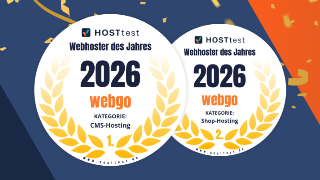 webgo wird zum 10. mal in Folge Webhoster des Jahres. Grafik zeigt die Gewinner Siegel f&uuml;r den ersten Platz in der Kategorie CMS-Hosting und zweiten Platz in der Kategorie Shop-Hosting.