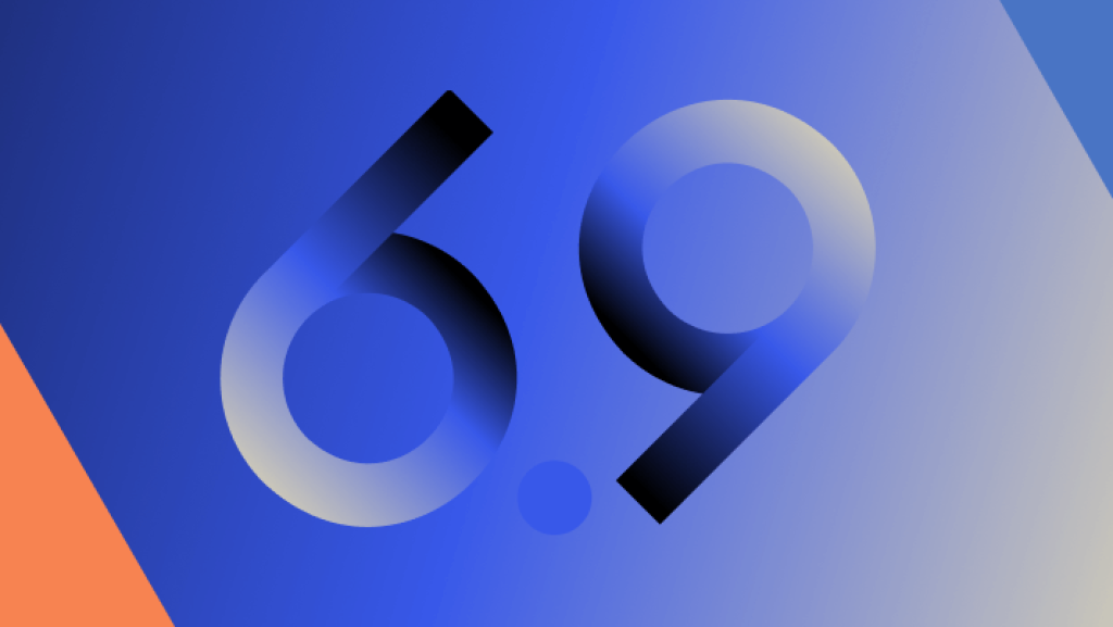 Grafisches WordPress-6.9-Thumbnail: Große, modern gestaltete Zahl „6.9“ auf blauem Farbverlauf mit dekorativen Akzenten. Das Bild dient als Titelgrafik für einen Blogbeitrag zu den Neuerungen in WordPress 6.9.
