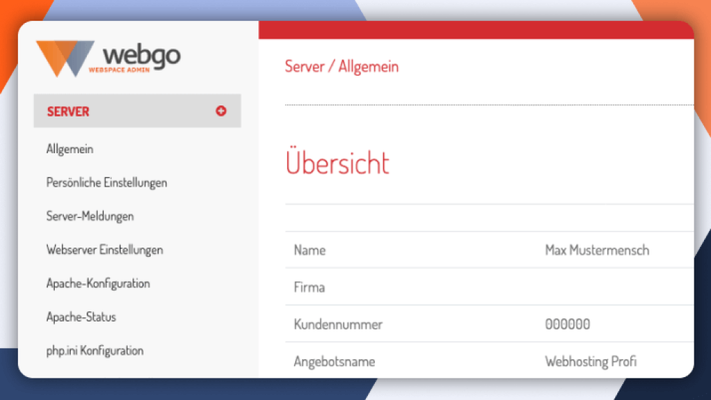 Screenshot der Verwaltungsoberfl&auml;che &bdquo;webgo Webspace Admin (WWA)&ldquo; mit Server-&Uuml;bersicht, Navigationsmen&uuml; f&uuml;r Webhosting-Einstellungen wie E-Mail, Apache-Konfiguration und PHP-Einstellungen.