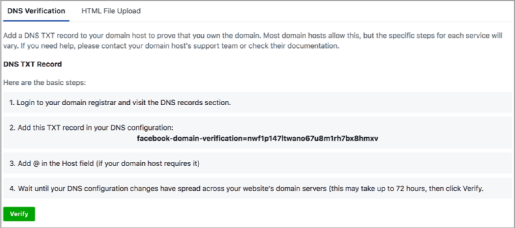 Durch die DNS-Verifizierung wird die Identität einer Domain gezielt zu Ihrem Facebook Business Konto zugeordnet.