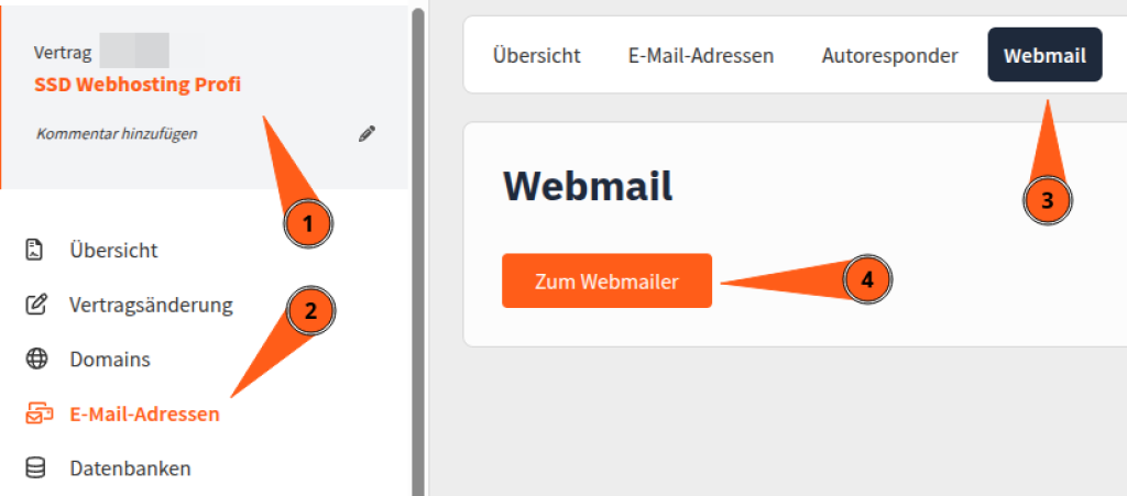 Ansicht des webgo Kundenportal, welches den Weg zum Webmailer aufzeigt.