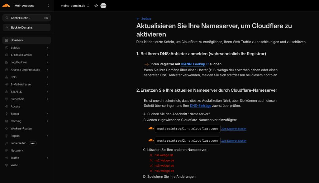 Screenshot vom letzten Schritt nach hinzuf&uuml;gen der Domain in die Cloudflare-Verwaltung. Angezeigt werden Cloudflare-Nameserver-Eintr&auml;ge, welche die webgo-Nameserver ersetzen sollen.