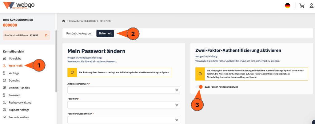 Ansicht der Sicherheitseinstellungen im webgo Kundenportal. Es wird nummeriert dargestellt, worauf man klicken muss: Als erstes links in der Navigation auf "Mein Profil", dann im oberen Tab-Menü auf "Sicherheit" und anschließend kann man im rechten Bereich des Inhalts bei "Zwei-Faktor-Authentifizierung aktivieren" auf den aktiven Toggle "Zwei-Faktor-Authentifizierung" klicken, um diesen auszuschalten. Es erscheint dann ein Popup wo man seine Entscheidung bestätigen muss.