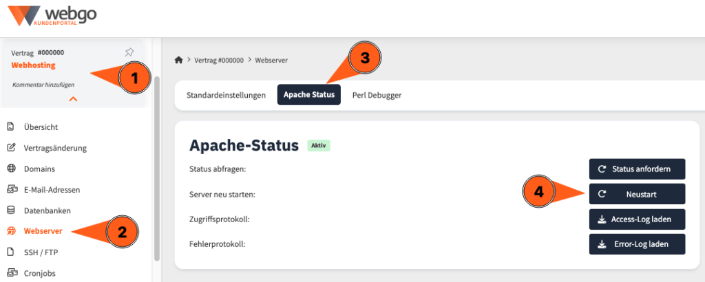 Screenshot aus dem webgo Kundenportal welches den Werdegang zum Neustart des Apache-Servers zeigt: Einfach auf den Webhosting-Vertrag gehen, dort im Men&uuml; auf Webserver und im oberen Tab-Men&uuml; auf Apache Status gehen, um dort dann den Server neu zu starten.