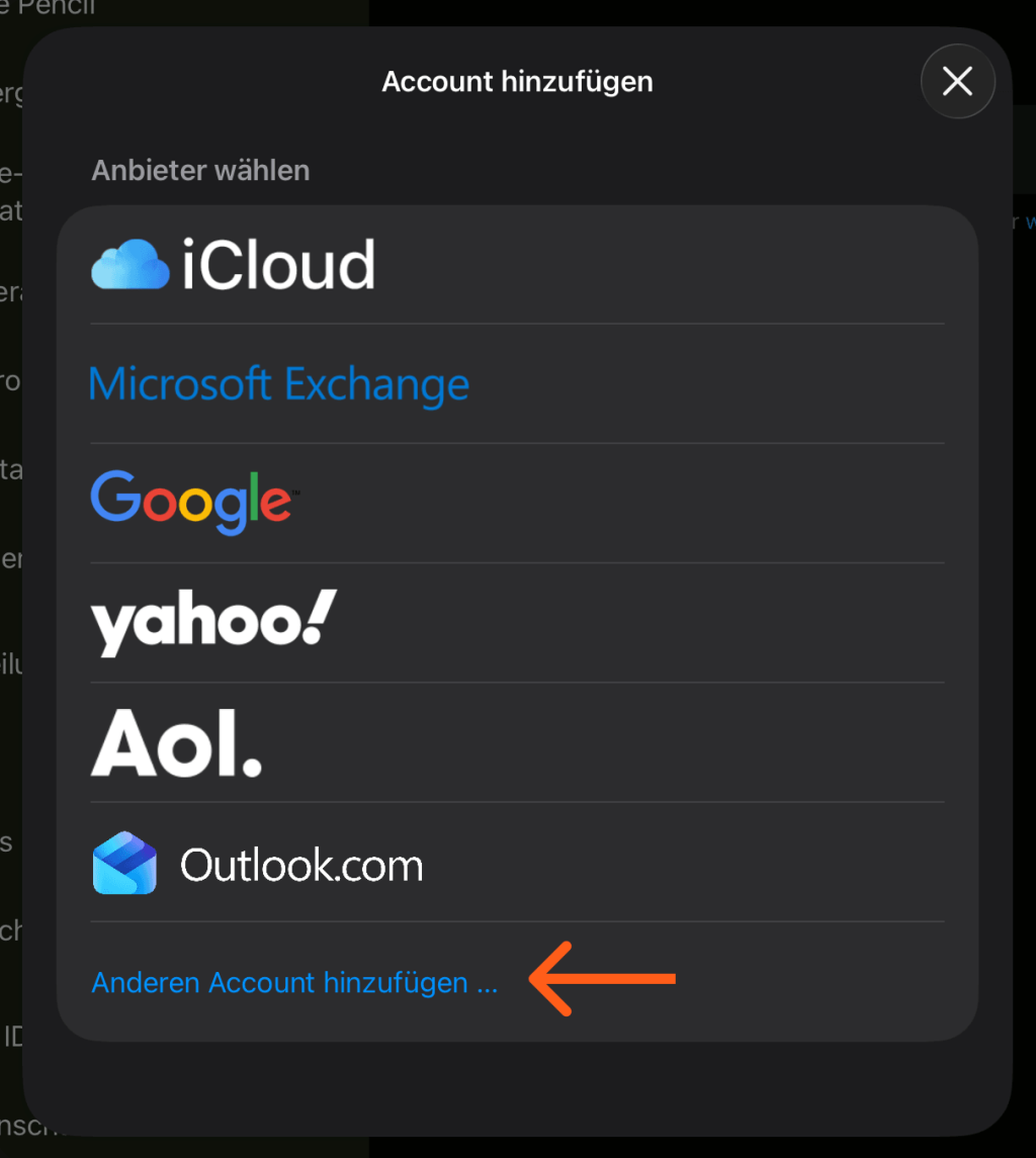 Screenshot aus der Mail-Konto-Einrichtung in Apple Mail auf einem iPad. Hier muss man beim ausw&auml;hlen eines Anbieters den letzten Punkt "Anderen Account hinzuf&uuml;gen" ausw&auml;hlen und dort dann IMAP.