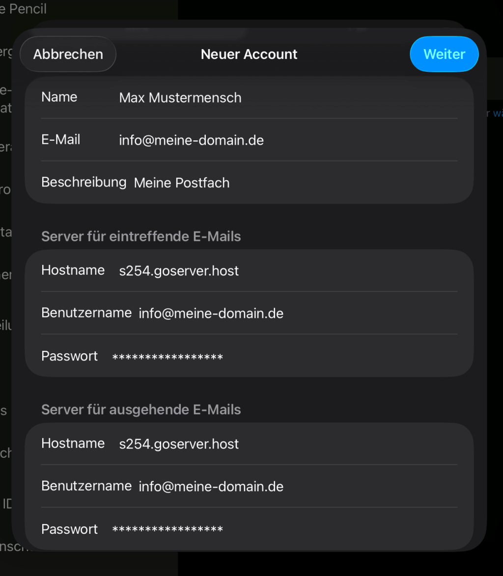 Screenshot aus der Account-Einstellung eines neuen E-Mail-Kontos. Hier muss man die korrekten Angaben wie E-Mail-Adresse, Hostname f&uuml;r eingreffende sowie ausgehende E-Mails, den Benutzernamen (bei webgo also die E-Mail-Adresse) sowie das dazugeh&ouml;rige Passwort angeben.