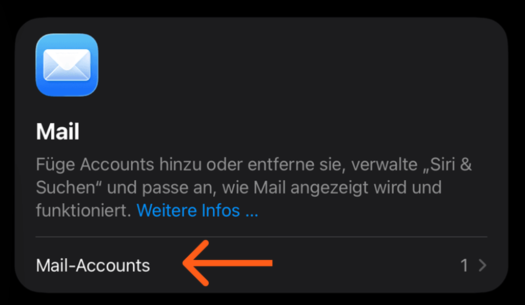 Screenshot aus den Mail-Einstellungsansicht, wo man auf Mail-Accounts klicken kann.