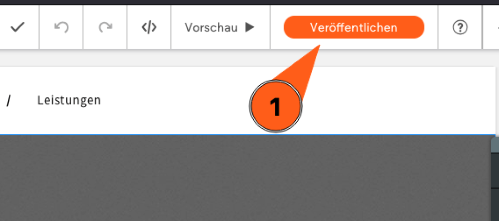 Pfeil zeigt auf den Veröffentlichen-Button aus dem webgo Homepage Baukasten Editor, zum vorzeigen, wie man seine Seite darin veröffentlicht.