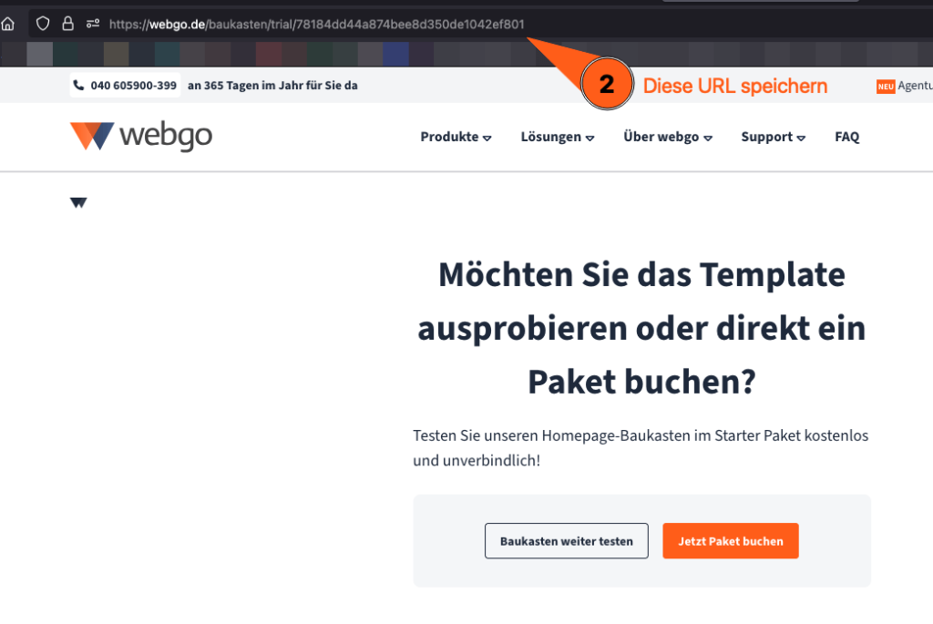 Browser-Ansicht mit einem Pfeil, das in die URL-Eingabeleiste verweist. Damit wird gezeigt, dass nach speichern der Baukasten-Seite die darauffolgende Seite als Lesezeichen gespeichert werden kann. Darüber kann der User jederzeit wieder in sein Test-Baukasten gelangen und weiter arbeiten.
