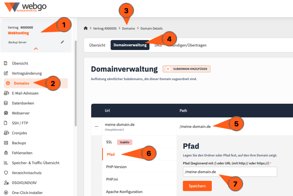 webgo Kundenportal: Domainverwaltung ge&ouml;ffnet, Bereich &bdquo;Domains&ldquo; gew&auml;hlt und Pfad einer Domain auf ein Verzeichnis gesetzt und gespeichert.