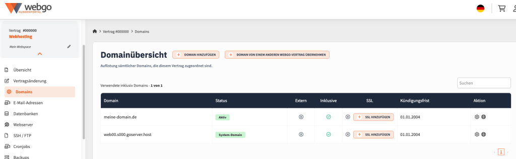 webgo Kundenportal Domain&uuml;bersicht eines Vertrags mit aktiven Domains, SSL-Optionen und hervorgehobenem Men&uuml;punkt &bdquo;Domains&ldquo; in der Vertragsnavigation.