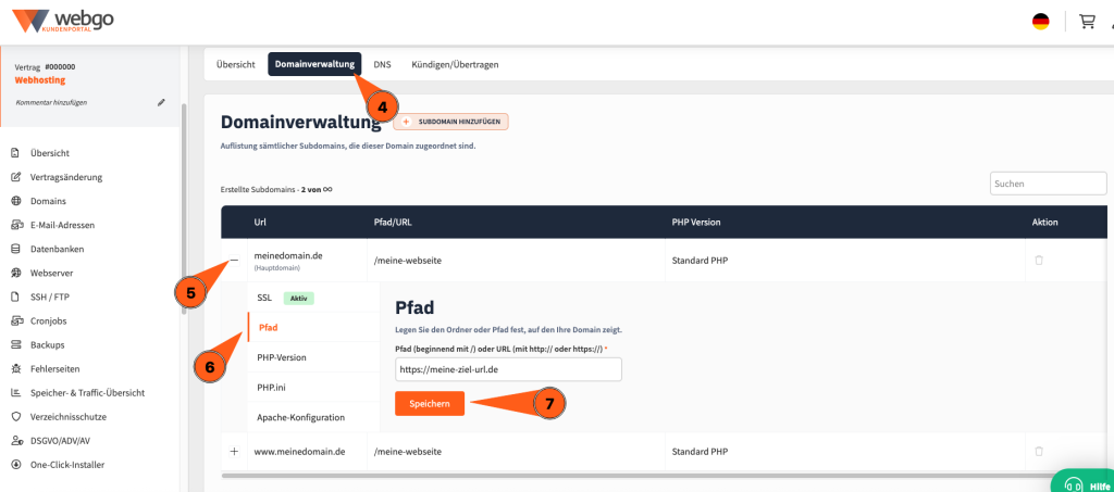 In der Domainverwaltung können Sie Ihre Domain bearbeiten und darüber die Weiterleitung einstellen.