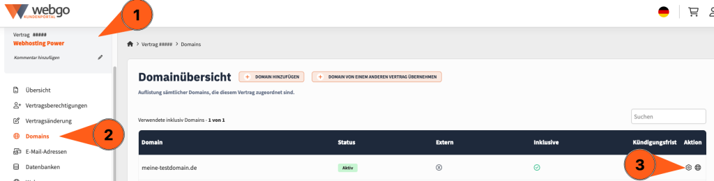 Über das webgo Kundenportal können Sie die Domains in Ihrem Vertrag ansteuern.