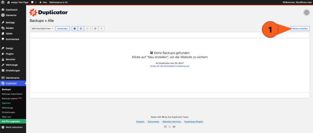 Screenshot aus der Duplicator Backup-&Uuml;bersicht. Es sind noch keine Backups angelegt worden, daher ist die &Uuml;bersicht leer. Hier kann man auf den Button "Neues erstellen" klicken, um ein neues Backup zu erstellen.