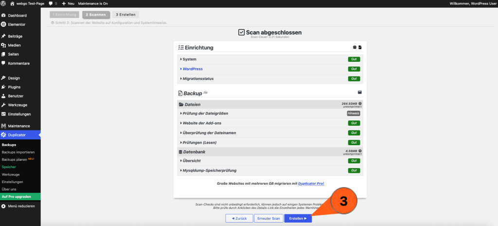 Screenshot aus der Duplicator Backup-Porzess, welcher den Scan-Prozess zeigt. Duplicator scannt die Seite nach WordPress-Version und anderen Faktoren. Wenn der Scan positiv abgeschlossen ist, kann man unten auf den Button "Erstellen" klicken.