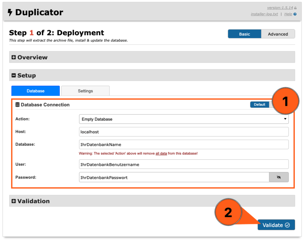 Screenshot aus dem Duplicator Installationsassistent. Hier m&uuml;ssen die webgo Datenbank-Zugriffsdaten eingetragen werden wie Datenbankname, Datenbankbenutzername und Datenbankpasswort. Nachdem alles eingetragen wurde, muss man unten auf den Button "Validate" klicken.