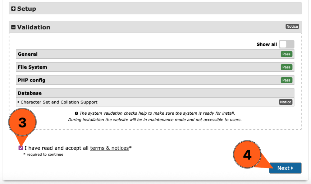 Screenshot aus dem Duplicator Installationsassistenten. Sofern die Validierung positiv ablief, muss man ein Haken bei "I have read and accept all terms & notices" setzen und dann auf den Button "Next" klicken, damit der Import startet.