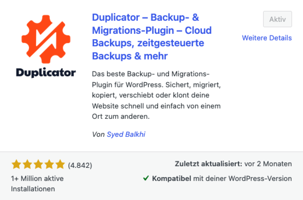 Screenshot der Duplicator Plugin-Anzeige aus der offiziellen WordPress Plugin-Bibliothek.