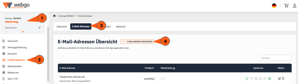 Screenshot zeigt die Schritte im webgo Kundenportal zum Erstellen einer neuen E-Mail-Adresse: Men&uuml; &bdquo;E-Mail-Adressen&ldquo; &ouml;ffnen und &uuml;ber &bdquo;E-Mail-Adresse hinzuf&uuml;gen&ldquo; neue Adresse im Webhosting-Vertrag anlegen.