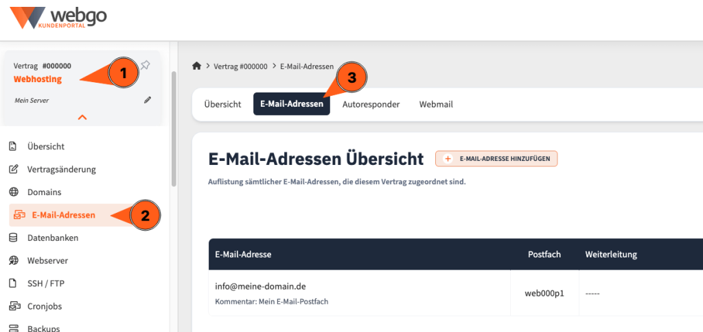 webgo Kundenportal mit markierten Schritten zum Aufrufen der E-Mail-Zugangsdaten und Servereinstellungen f&uuml;r ein Postfach.