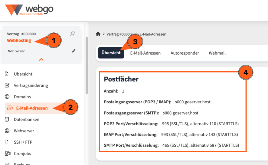 webgo Kundenportal mit &Uuml;bersicht der angelegten E-Mail-Adressen eines Webhosting-Vertrags und markierter Navigation.