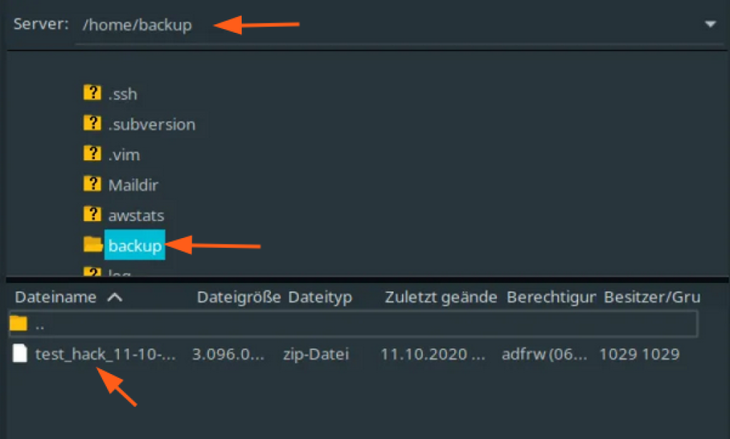 Screenshot aus dem FTP-Programm FileZilla zeigt das Verzeichnis /home/backup auf einem Webhosting-Server. Der Ordner „backup“ ist geöffnet und enthält eine ZIP-Datei mit dem Namen „test_hack_11-10“. Diese Datei befindet sich in einem Backup-Ordner und kann zur Wiederherstellung oder Analyse heruntergeladen werden. Darstellung eignet sich zur Erklärung eines typischen Backups nach einem Vorfall (z. B. Hack) und zur Veranschaulichung der Datenstruktur auf einem Server.