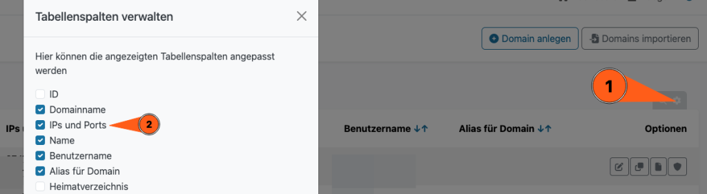 Screenshot aus der Froxlor-Verwaltung worauf zu sehen ist, wie man die IP-Angabe in der Domainübersicht aktivieren kann. Dafür muss man rechts über der Tabelle auf das Zahnrad-Symbol klicken um zur Tabellenspalten-Verwaltung zu gelangen. Dort kann man "IPs und Ports" als weitere Spalte freischalten, was anschließend dann in der Domainübersicht dargerstellt wird.