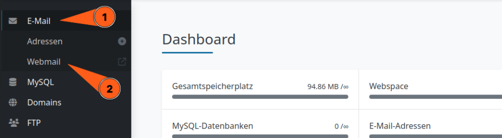 Screenshot aus dem Dashboard der Verwaltungsoberfläche "Froxlor". Zu sehen ist eine Navigation auf der linken Seite mit dem Hauptmenüpunkt "E-Mail", was ein Dropdown-Menü öffnet wo noch die Untermenüpunkte "Adressen" und "Webmail" ist. Webmail ist ein externer Link und öffnet den webgo Webmailer in einem Tab-Fenster.