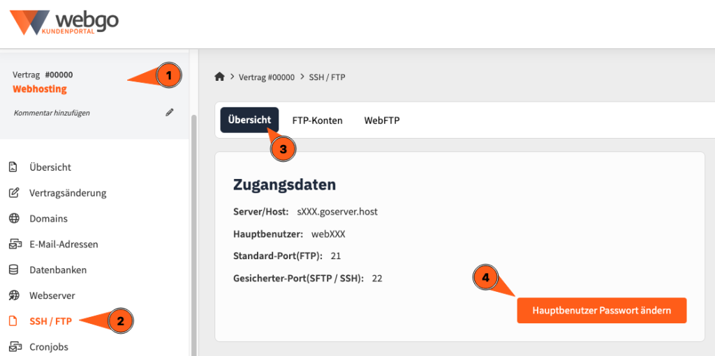 Screenshot der FTP Übersicht im webgo Kundenportal. Hier können Sie Ihre FTP Zugangsdaten einsehen und bei Bedarf den Hauptbenutzer Passwort ändern.