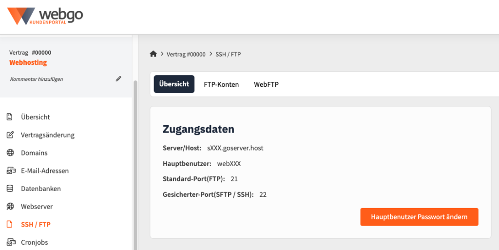 Screenshot aus dem webgo Kundenportal der SSH / FTP Übersichtsseite. Hier finden sich die Zugangsdaten des FTP Hauptbenutzers, womit man sich per FTP und SFTP verbinden kann. Bei Bedarf kann man hier sein FTP Hauptbenutzer-Passwort ändern.