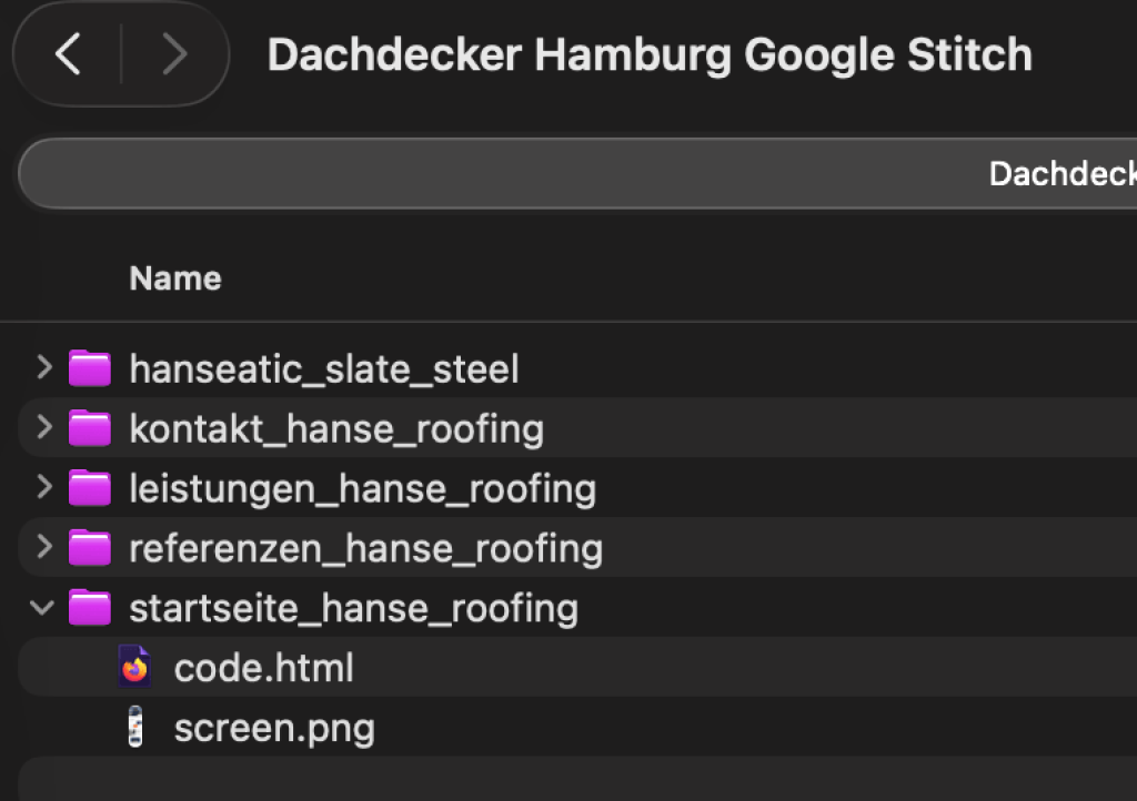 Exportiertes Google-Stitch-Projekt im Dateimanager mit Ordnern f&uuml;r Startseite, Leistungen, Kontakt und Referenzen sowie Dateien code.html und screen.png.