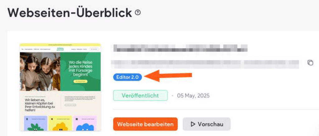 Screenshot aus der Webseiten-&Uuml;berblickseite. Hier wird angezeigt, dass der Editor 2.0 im Einsatz ist.