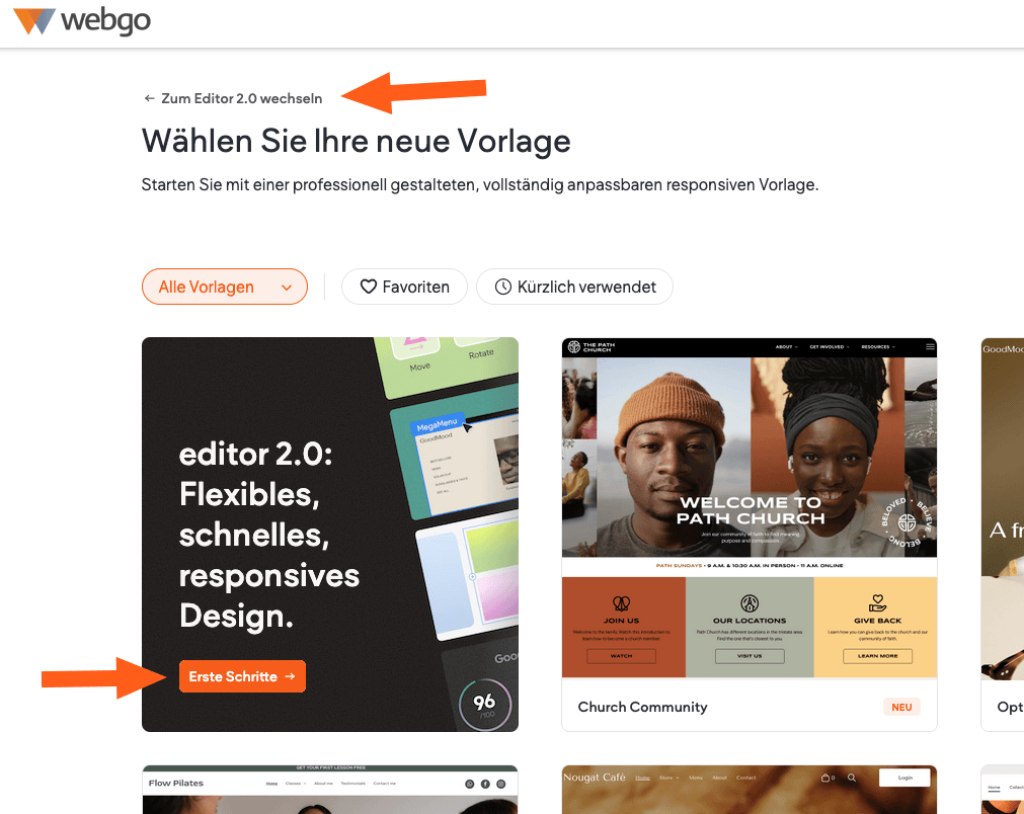 Screenshot aus der Template-Auswahl innerhalb des Baukasten-Editors. Hier kann man zwischen Editor 2.0-Templates und klassichen Editor-Templates hin und her wechseln.