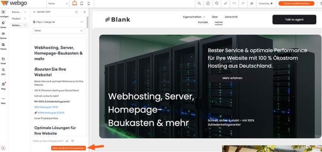 Screenshot aus dem Baukasten-Editor. Es ist der importierte Text-Inhalt zu sehen mit einem Pfeil auf einen Button worauf steht "Seit emit diesem Text generieren". Dadurch wird eine komplette Seite generiert.
