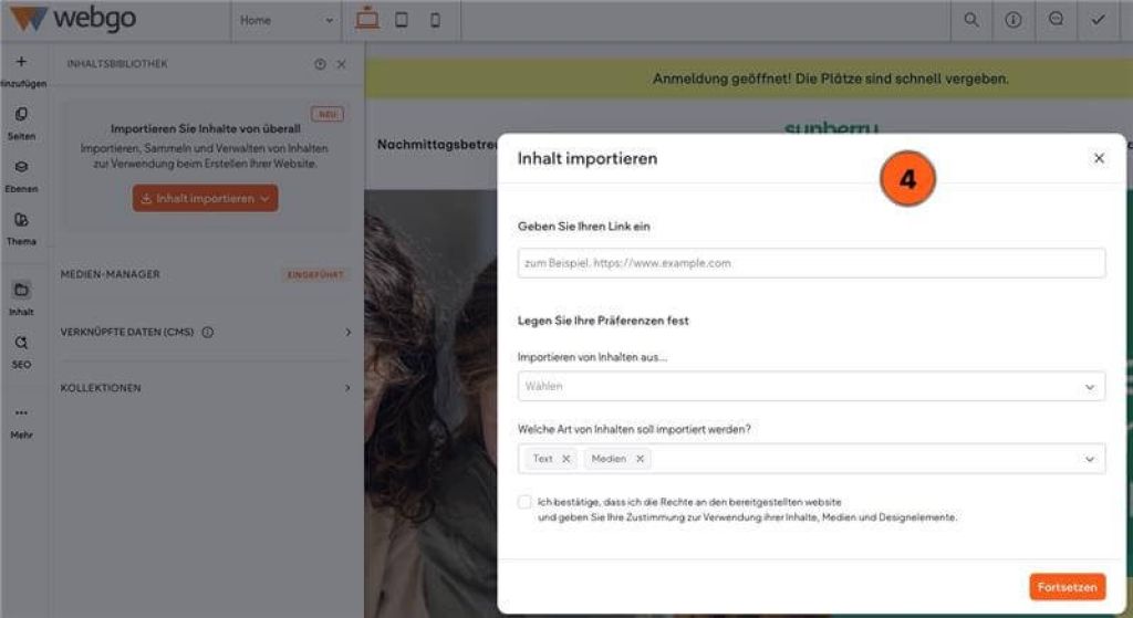 Screensho aus dem Baukasten-Editor, welches das Eingabeformular anzeigt, was erscheint sobald man beim importierverlauf auf "&Uuml;ber einen Link" angeklickt hat. Hier kann man nun die URL eingeben sowie ausw&uuml;hlen, was f&uuml;r Inhalte importiert werden sollen.