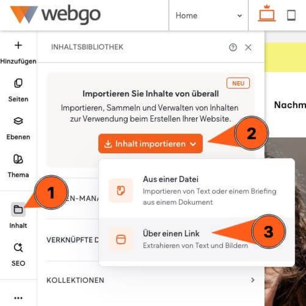 Screenshot aus dem Baukasten-Editor, mit Ablauf zum importieren der Webseiteninhalte. Ersmal im Editor links auf "Inhalt", dann auf "Inhalt importieren" klicken und anschlie&szlig;end "&Uuml;ber einen Link" anklicken.