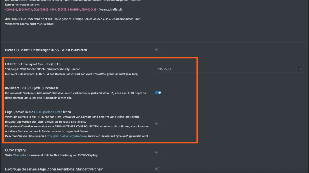Screenshot aus dem Froxlor Admin-Dashboard. Es wird gezeigt, dass man HSTS über die Domain-Einstellung ganz einfach aktivieren kann.