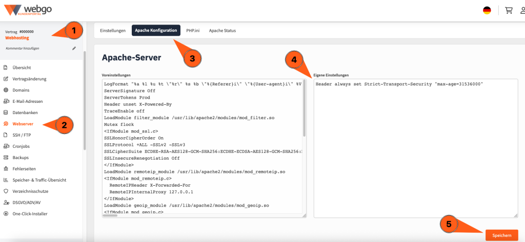 Screenshot aus dem webgo Kundenportal, welches zeigt, wie man für ein Webhosting-Paket den HSTS-Eintrag hinterlegt.
