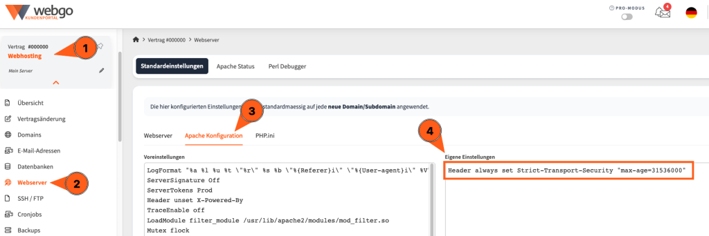 Screenshot aus dem webgo Kundenportal, welches zeigt, wie man f&uuml;r ein Webhosting-Paket den HSTS-Eintrag hinterlegt.