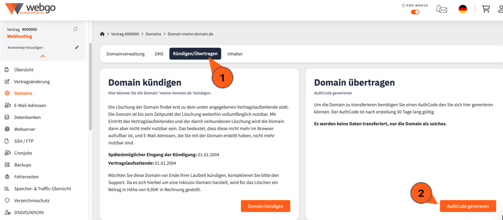 Im webgo Kundenportal kann man &uuml;ber die Domain&uuml;bersicht auf "K&uuml;ndigen/&Uuml;bertragen" klicken und sich dort ein AuthCode generieren.